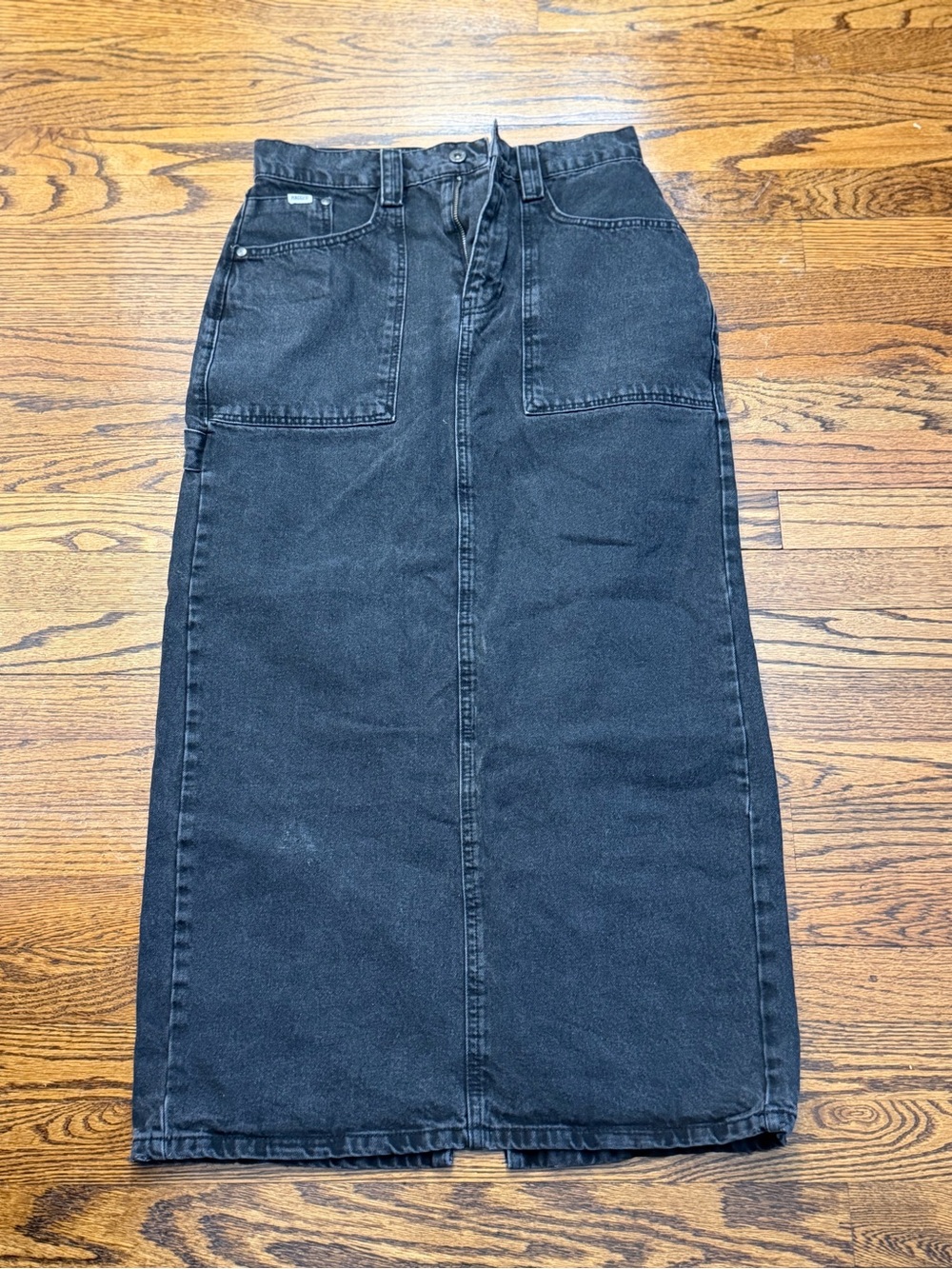 High-Rise Black Denim Midi Skirt with Front Patch Pockets